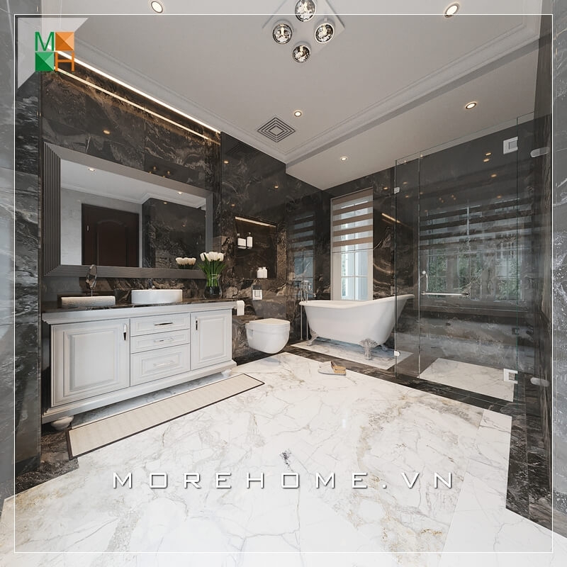 Mẫu thiết kế phòng tắm cao cấp mang vẻ đẹp sang trọng sử dụng đá ốp tường và lát sàn ấn tượng phù hợp cho không gian của biệt thự, nhà phố